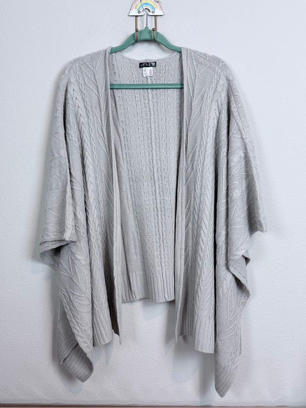 VENUS Gray Cable-Knit Open-Front Poncho Sweater M/L